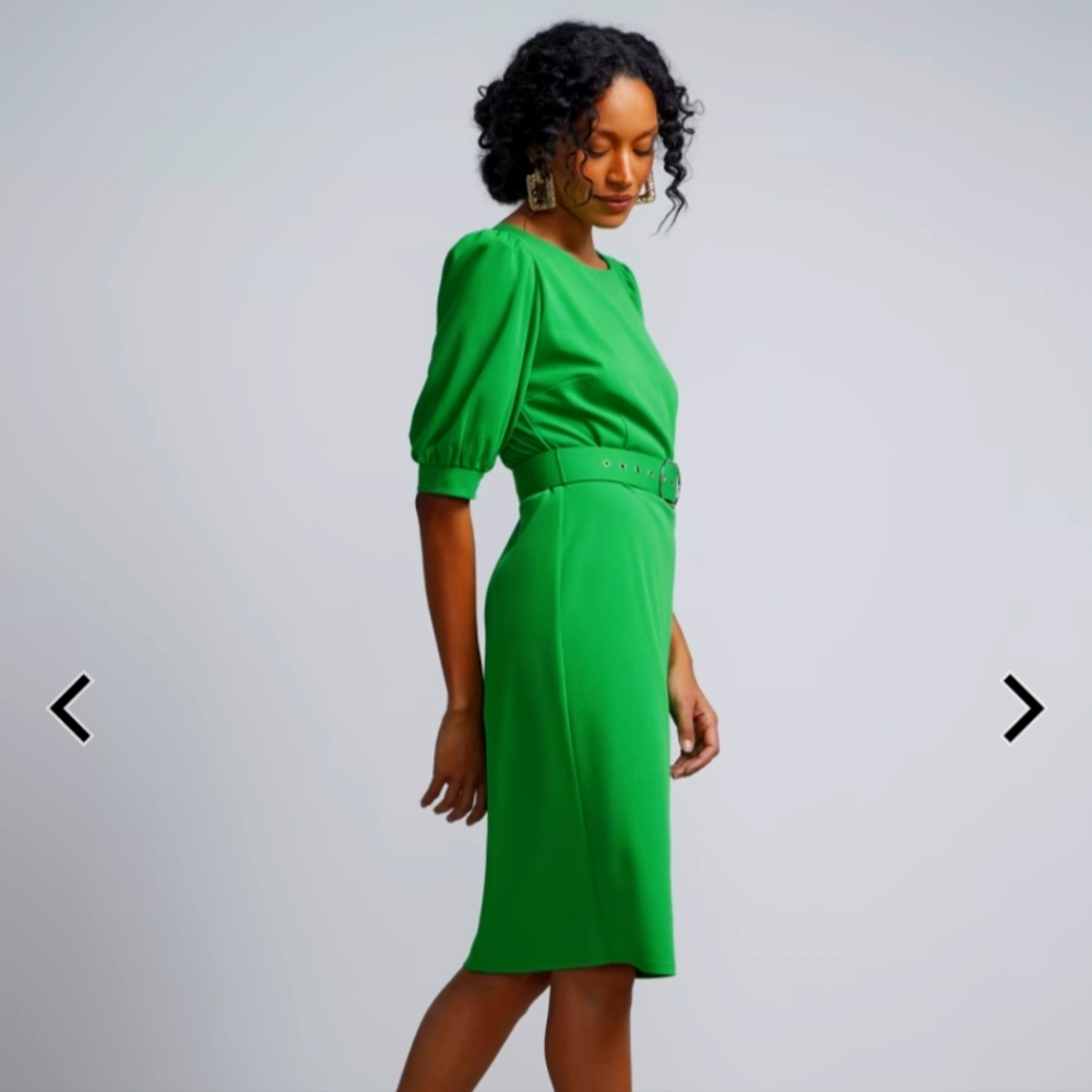 New York and company green puff sleeves belted sheath dress New
